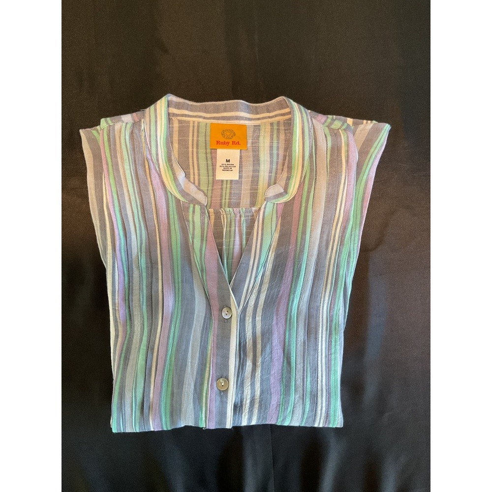 Ruby Rd Womens Medium Striped Button Down Blouse Blue Green Purple 58543 GG - Picture 6 of 10